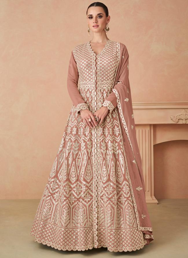 Georgette Orange Wedding Wear Embroidery Work Readymade Anarkali Suit 